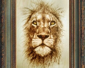 オリジナル焼き絵。ライオンの肖像画。ウッドバーニングアート - Etsy 日本