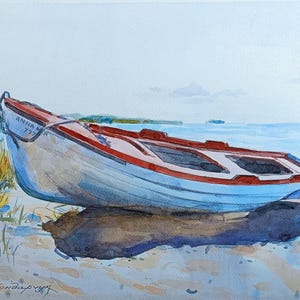 Dipinto originale di paesaggio marino ad acquerello. Barca. Arte murale minimalista della natura. Dipinto di paesaggio unico nel suo genere Design d'interni Decorazione della casa