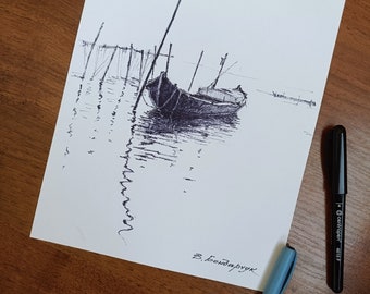 Original black marker drawing. seascape with a fishing boat. Minimalistic black and white illustration.