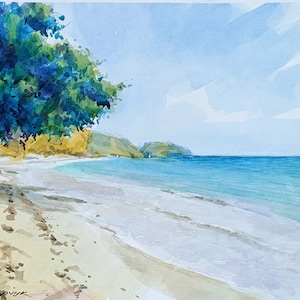 Dipinto originale ad acquerello di un paesaggio marino. Costa esotica, mare turchese. Decorazione murale minimalista unica nel suo genere. Arte della natura