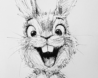 Pintura original. Arte de conejo. Dibujo minimalista en blanco y negro.