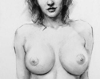 Original charcoal drawing. Beautiful naked figure girl drawing. Minimalist black and white art