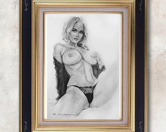 Original, оne of a kind charcoal sketch. Beautiful naked figure girl drawing. Minimalist black and white charcoal drawing wall art