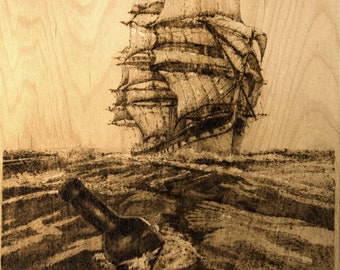 Ship. Unique Wood Burned Artwork: Stunning Realistic Drawing with Pyrography Technique. cabin decor