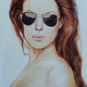 Original watercolor portrait of a girl wearing glasses. One of a kind minimalist illustration wall art. Modern watercolor painting gift.