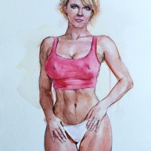 Original one of a kind drawing watercolor sketch art. Beautiful half naked portrait of a girl. Unique Minimalist watercolor wall art decor.