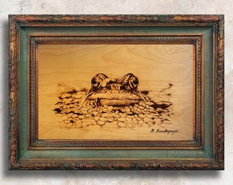 Original painting frog art. 5th anniversary gift. Commission painting gallery wall interior design. Kitchen decor wood art