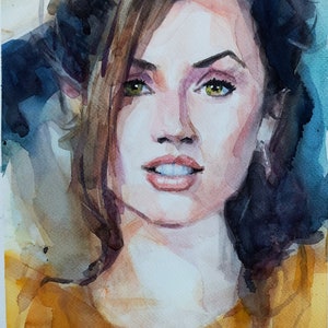 Original watercolor portrait beautiful girl. One of a kind minimalist illustration wall art. Modern watercolor painting as a gift.