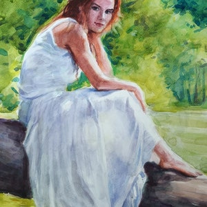 Peinture originale de fée à l'aquarelle. Belle fille de la forêt. Illustration minimaliste pour un cadeau