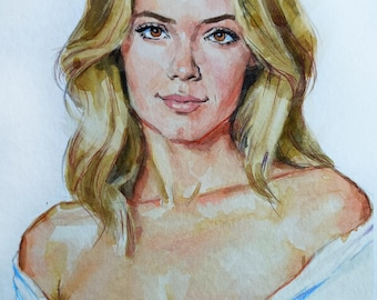 Original Watercolor Sketch Art: Minimalist Blonde Girl Portrait