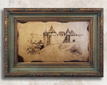 Original Painting, Wood Burning Landscape Painting, Castle Art, Unique Wall Home Decor, Wood Art anniversary gift, Fine Art Interior design
