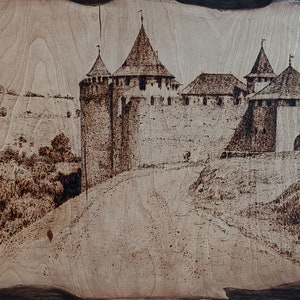 gallery wall set. The art of wood burning. Fire drawing on plywood. illustration for the painting Old Fortress. art of pyrography