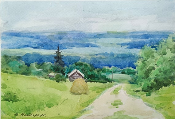 オリジナル水彩画。風景画。夏の道 - Etsy 日本