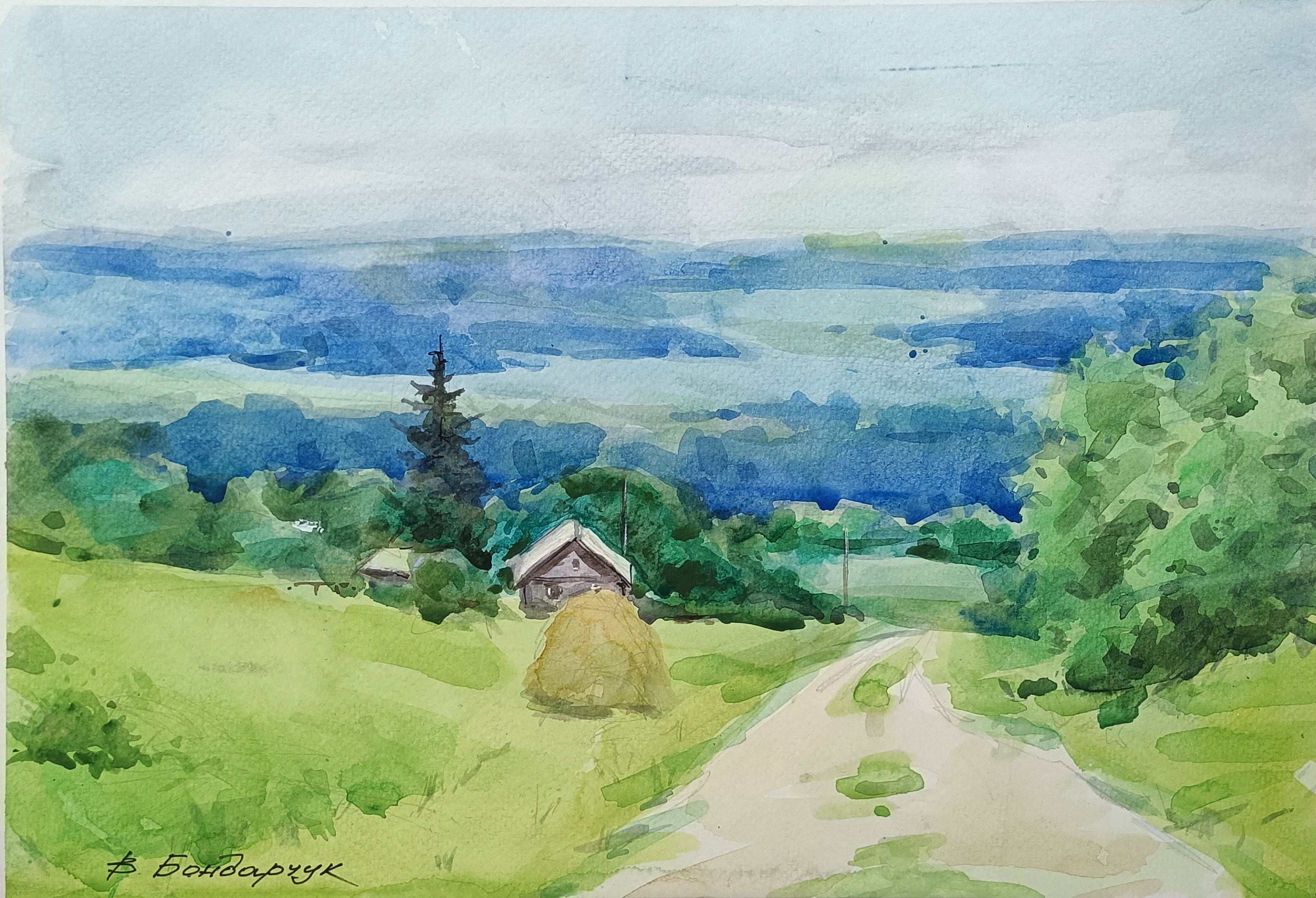 オリジナル水彩画。風景画。夏の道 - Etsy 日本