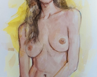 Original art watercolor sketch. Beautiful naked figure of a girl. Unique Minimalistic watercolor drawing. wall  decor