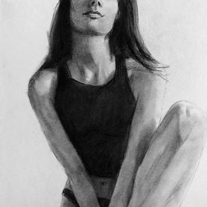 オリジナルの木炭画。美人の肖像画。ユニークなギフトに最適な木炭を使ったミニマリストスケッチ。ロマンチックなアート壁装飾