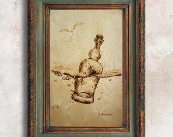 Original Painting. Wood Burning office wall decor. Nautical Decor Wood Art. Anniversary gift gallery wall. Ocean wall art interior design