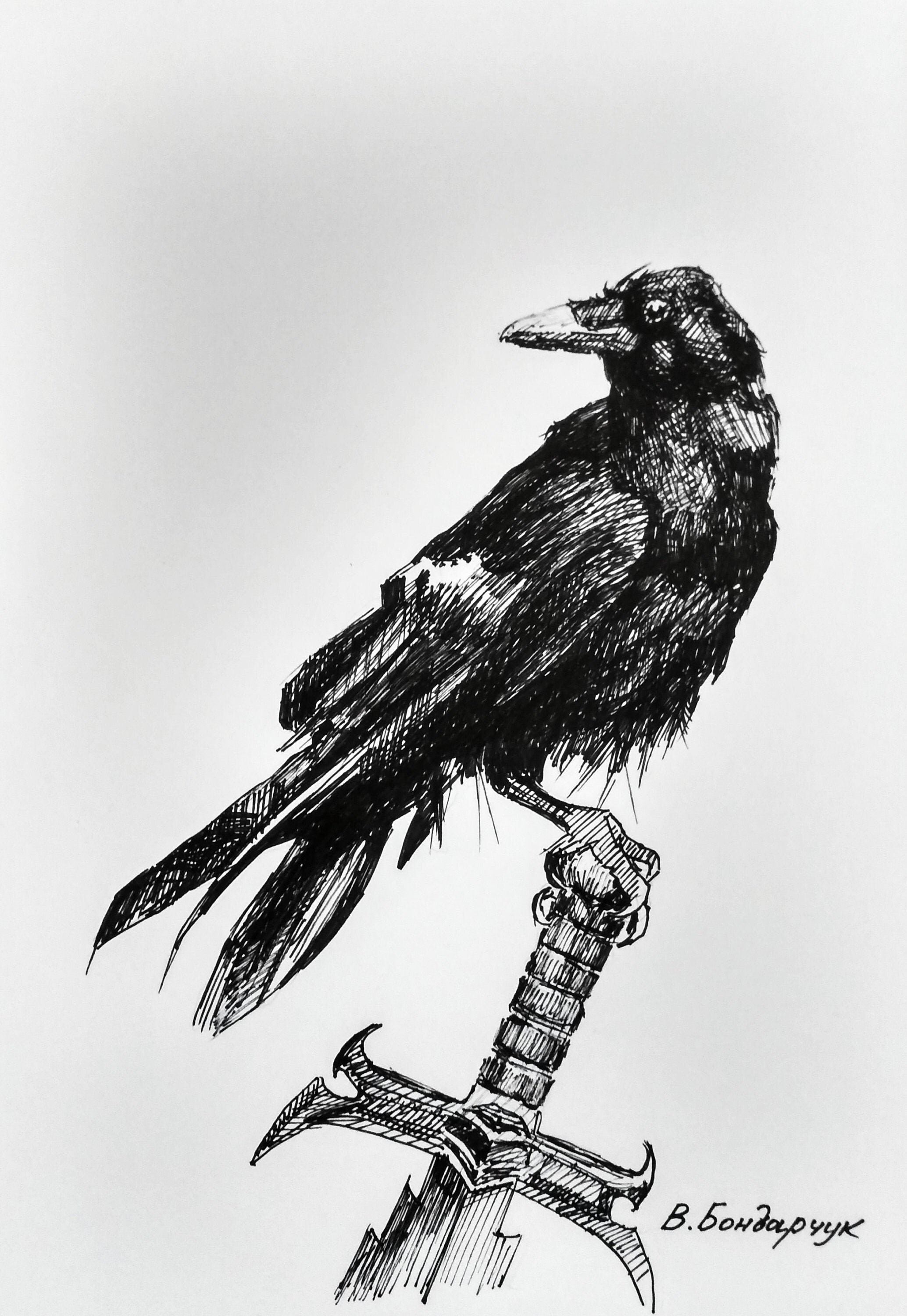 Original Art Drawing Format A-4 Paper Marker Nature Black Crow | Etsy