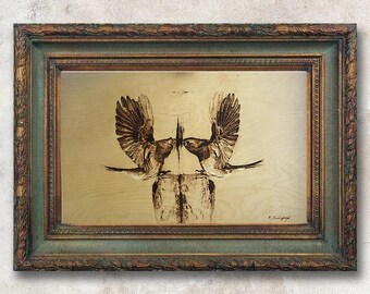Original artwork. Bird art commission. Wood art anniversary gift. Soulmate drawing interior design gallery wall