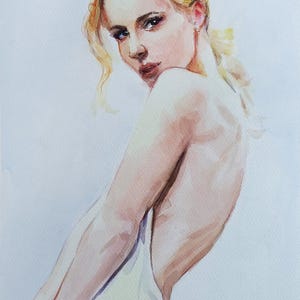 Arte originale, disegno unico nel suo genere, schizzo ad acquerello. Bellissimo ritratto di una ragazza seminuda. Decorazione murale minimalista unica ad acquerello