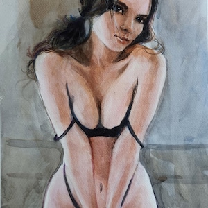 Originele aquarelschets. Prachtig halfnaakt beeld van een meisje. Unieke minimalistische aquareltekening. muurkunst schilderij decor