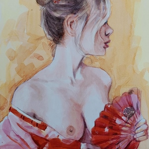 Original Unikat Zeichnung Aquarell Skizze Kunst. Wunderschönes nacktes Portrait eines Mädchens. Einzigartige minimalistische Aquarell Wanddekoration.
