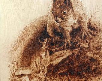 Squirrel Wood Burned Artwork: Realistic Pyrography Painting