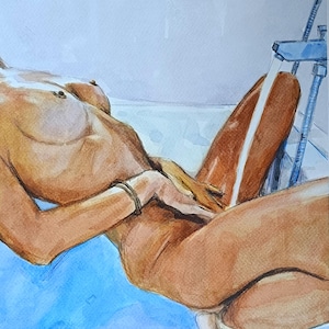 オリジナル水彩画スケッチ。少女の裸体。ユニークなミニマリストの絵