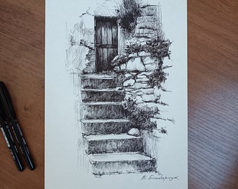 Original drawing with black marker. Minimalistic quick sketch of an old front door. A gift for a lover of history and antiquity.