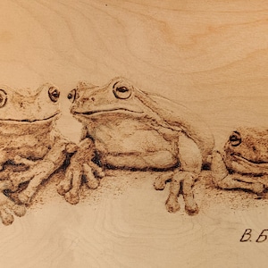 Può includere: Un'immagine pirografata di tre rane sedute su una superficie di legno. Le rane sono tutte rivolte in avanti con la bocca leggermente aperta. L'immagine è firmata "B. Bondarchuk" in basso a destra.