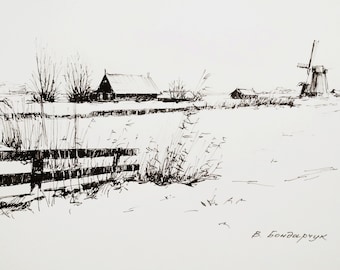 Drawing with black marker. Winter village landscape. Minimalistic black and white illustration. An excellent creative gift for the interior