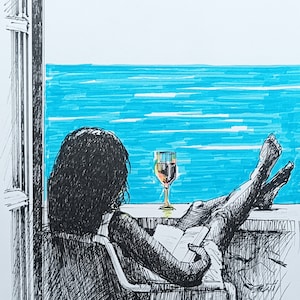 Original drawing with marker. Girl and the sea Minimalist illustration for wall decor. Unique gift, one of a kind