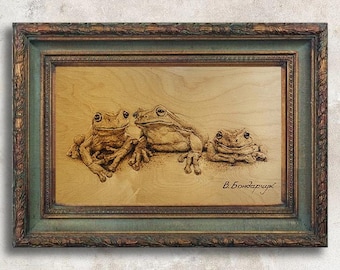 Original painting frog art. 5th anniversary gift. Commission painting gallery wall interior design. Kitchen decor wood art