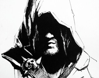 Original drawing with black marker.  art Portrait of a assassin. unique minimalistic black and white illustration as a gift for wall decor