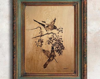 Original artwork. Bird art commission. Wood art anniversary gift. Soulmate drawing interior design gallery wall