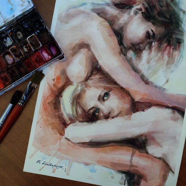 Original watercolor erotic painting. Sensual lesbian couple. Minimalistic illustration for a gift for lesbians