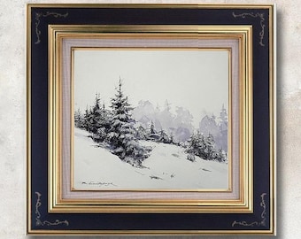 Original Winter Painting, Pine Trees Artwork, Snowy Mountain Landscape, Forest Wall Art