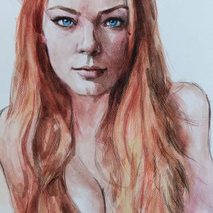Disegno originale, unico nel suo genere, ad acquerello. Bellissimo ritratto seminudo di una ragazza. Decorazione murale minimalista unica ad acquerello.