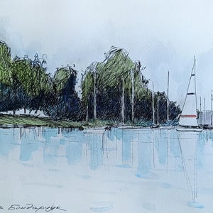 Originele tekening met zwarte stift en waterverf. Jachten op de rivier. Uniek minimalistisch gepersonaliseerd illustratiecadeau voor kunst aan de muur