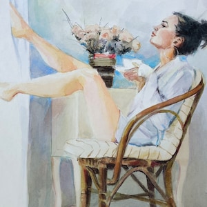 Disegno originale, unico nel suo genere, ad acquerello. Bellissimo ritratto seminudo di una ragazza. Decorazione murale minimalista unica ad acquerello.