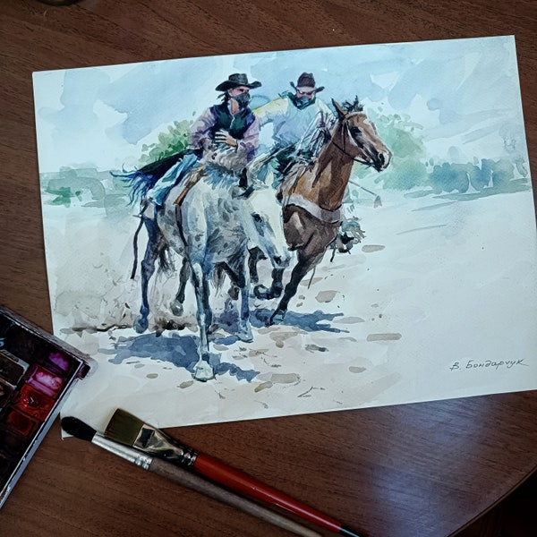 Original watercolor painting. Two Cowboys Riding Horses, Fast Minimalistic Wild West Illustration, Gift for Wall Decor