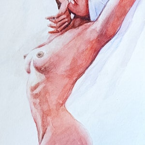 Un dipinto ad acquerello originale e unico nel suo genere. Figura nuda di una ragazza. Schizzo ad acquerello minimalista unico. Decorazione artistica da parete.