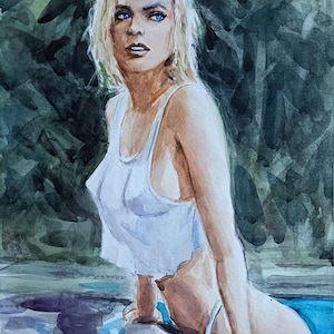 Disegno ad acquerello originale unico nel suo genere. Bellissima ragazza seminuda in piscina. Set da parete con galleria di schizzi ad acquerello minimalisti unici