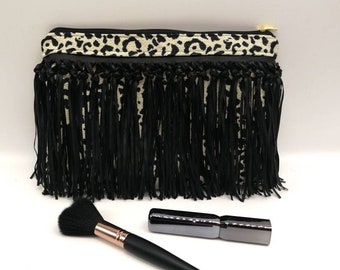 Waterproof Lined Leather Fringe Animal Print Leopard Zipper Pouch