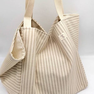 Big Beach Bag - Large Family Size Beige Stripes Beachbag