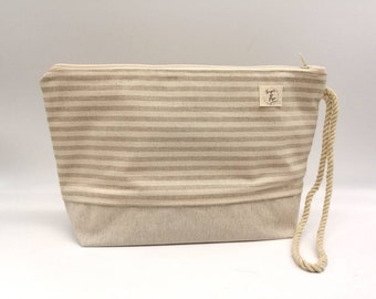 Waterproof interior and Base Zipper Pouch, Cosmetic clutch, Makeup pouch, Striped Beige waterproof Pouch, Beach Pouch