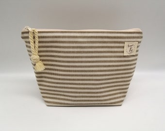 Totally water repellent Zipper Pouch, Cosmetic clutch, Makeup pouch, Striped Beige waterproof Pouch, Beach Pouch