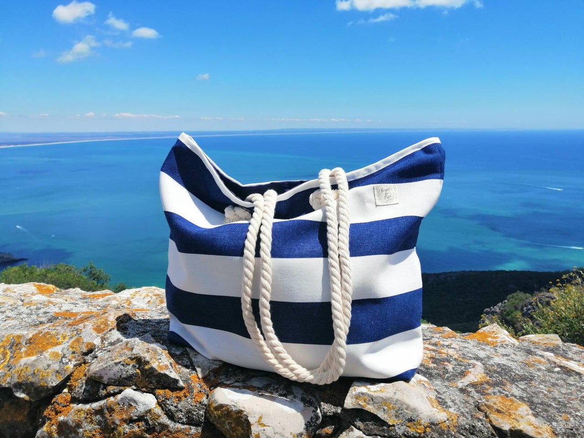 Big Beach Bag Blue and white striped Beachbag Summerbag Etsy