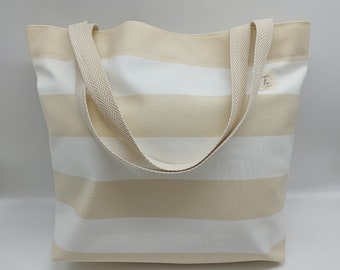 Beige and White Striped waterproof interior Beach Bag