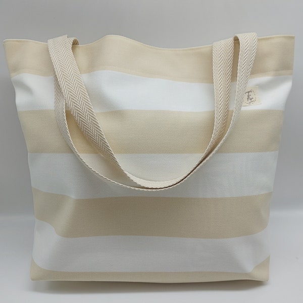 Beige and White Striped waterproof interior Beach Bag